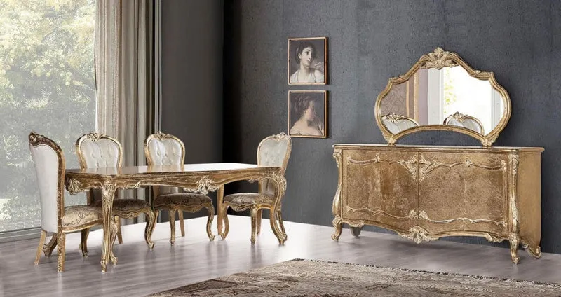 Casa Padrino Luxus Barock Esszimmer Set Weiß / Gold / Antik Gold - 1 Barock Esstisch & 6 Barock Esszimmerstühle - Esszimmer Möbel im Barockstil - Edel & Prunkvoll