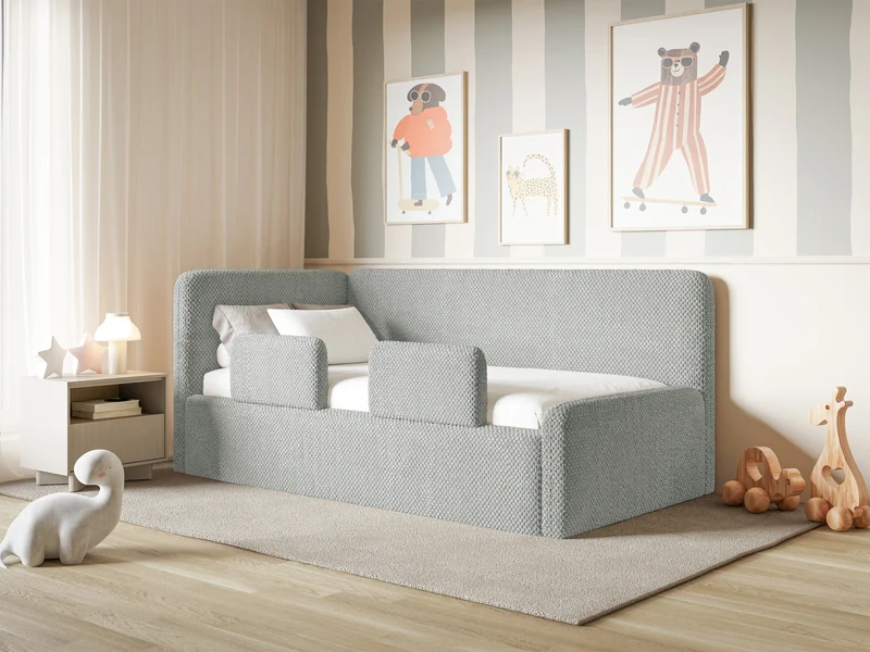 Jugendbett 120x200 cm Fanklo linksseitig mit Matratze, Stauraum und grauen Plüsch-Hydrophob-Seitenleisten