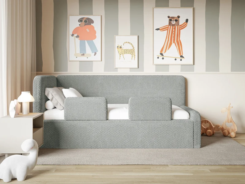 Jugendbett 120x200 cm Fanklo linksseitig mit Matratze, Stauraum und grauen Plüsch-Hydrophob-Seitenleisten