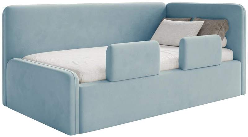 Jugendbett 120x200 cm Fanklo rechtsseitig mit Stauraum und Geländern, hellblauer Velours, wasserabweisend und leicht zu reinigen