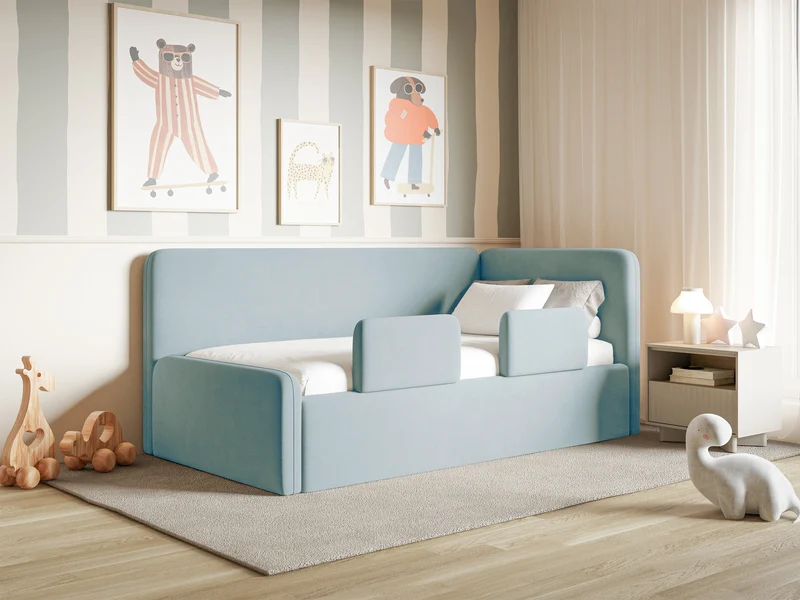Jugendbett 120x200 cm Fanklo rechtsseitig mit Stauraum und Geländern, hellblauer Velours, wasserabweisend und leicht zu reinigen