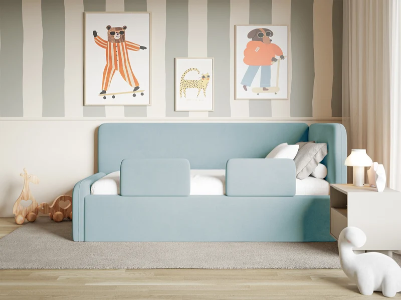 Jugendbett 120x200 cm Fanklo rechtsseitig mit Stauraum und Geländern, hellblauer Velours, wasserabweisend und leicht zu reinigen