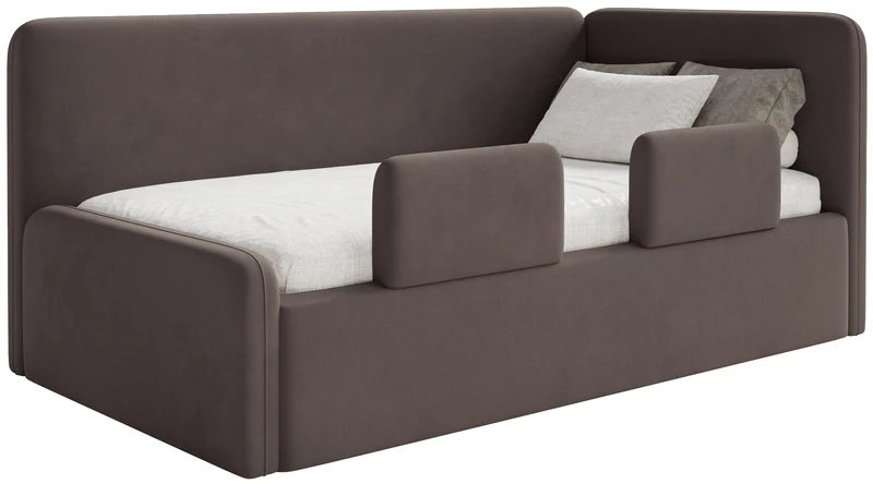 Jugendbett 120x200 cm Fanklo rechtsseitig mit Stauraum und Geländern, brauner Velours, wasserabweisend und leicht zu reinigen