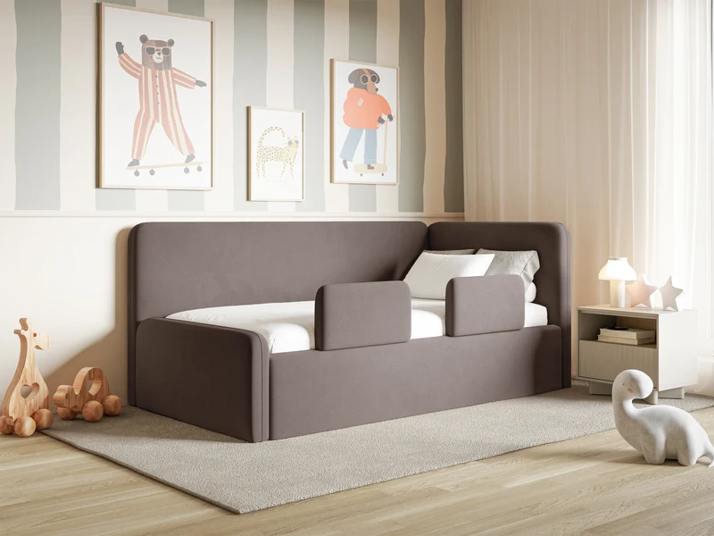 Jugendbett 120x200 cm Fanklo rechtsseitig mit Stauraum und Geländern, brauner Velours, wasserabweisend und leicht zu reinigen