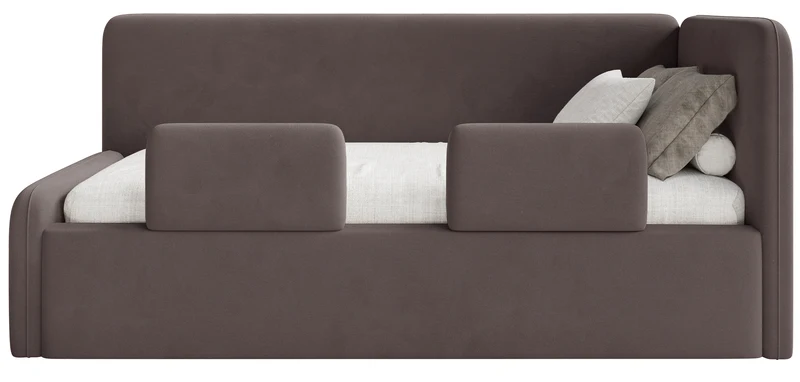 Jugendbett 120x200 cm Fanklo rechtsseitig mit Stauraum und Geländern, brauner Velours, wasserabweisend und leicht zu reinigen
