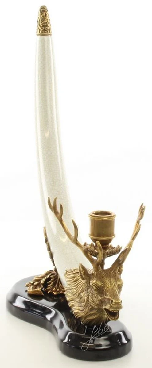 Casa Padrino Kerzenhalter Hirsch Geweih Trophäe Weiß / Gold / Schwarz 41 x 15,6 x H. 39,8 cm - Luxus Deko Kerzenständer