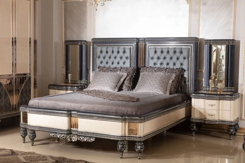Casa Padrino Luxus Barock Schlafzimmer Set Hellblau / Beige / Schwarz / Gold - 1 Barock Doppelbett mit Kopfteil & 2 Barock Nachtkommoden - Luxus Schlafzimmer Möbel im Barockstil - Barock Interior