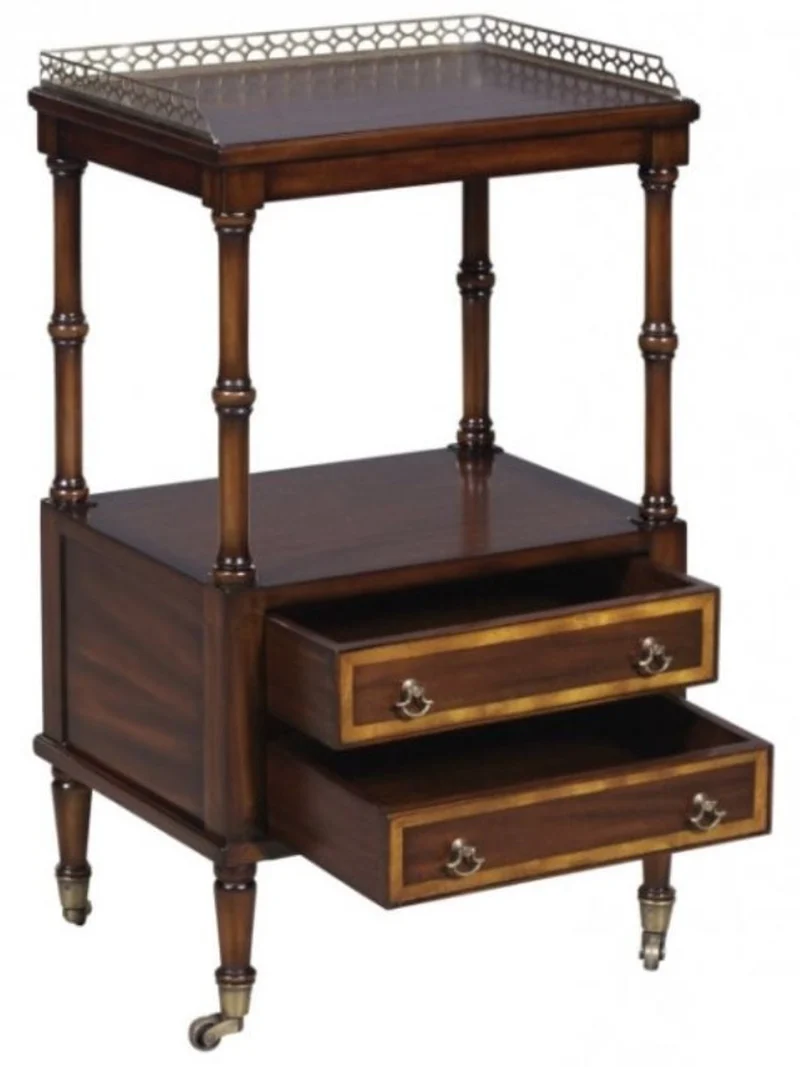 Casa Padrino Luxus Jugendstil Beistelltisch mit 2 Schubladen Dunkelbraun / Gold 42 x 33 x H. 74 cm - Telefontisch mit Rollen