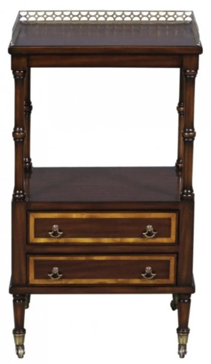 Casa Padrino Luxus Jugendstil Beistelltisch mit 2 Schubladen Dunkelbraun / Gold 42 x 33 x H. 74 cm - Telefontisch mit Rollen