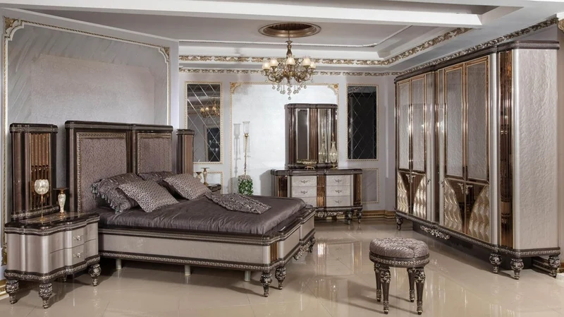 Casa Padrino Luxus Barock Doppelbett Grau / Dunkelbraun / Gold - Prunkvolles Massivholz Bett - Luxus Schlafzimmer Möbel im Barockstil - Barock Schlafzimmer Möbel