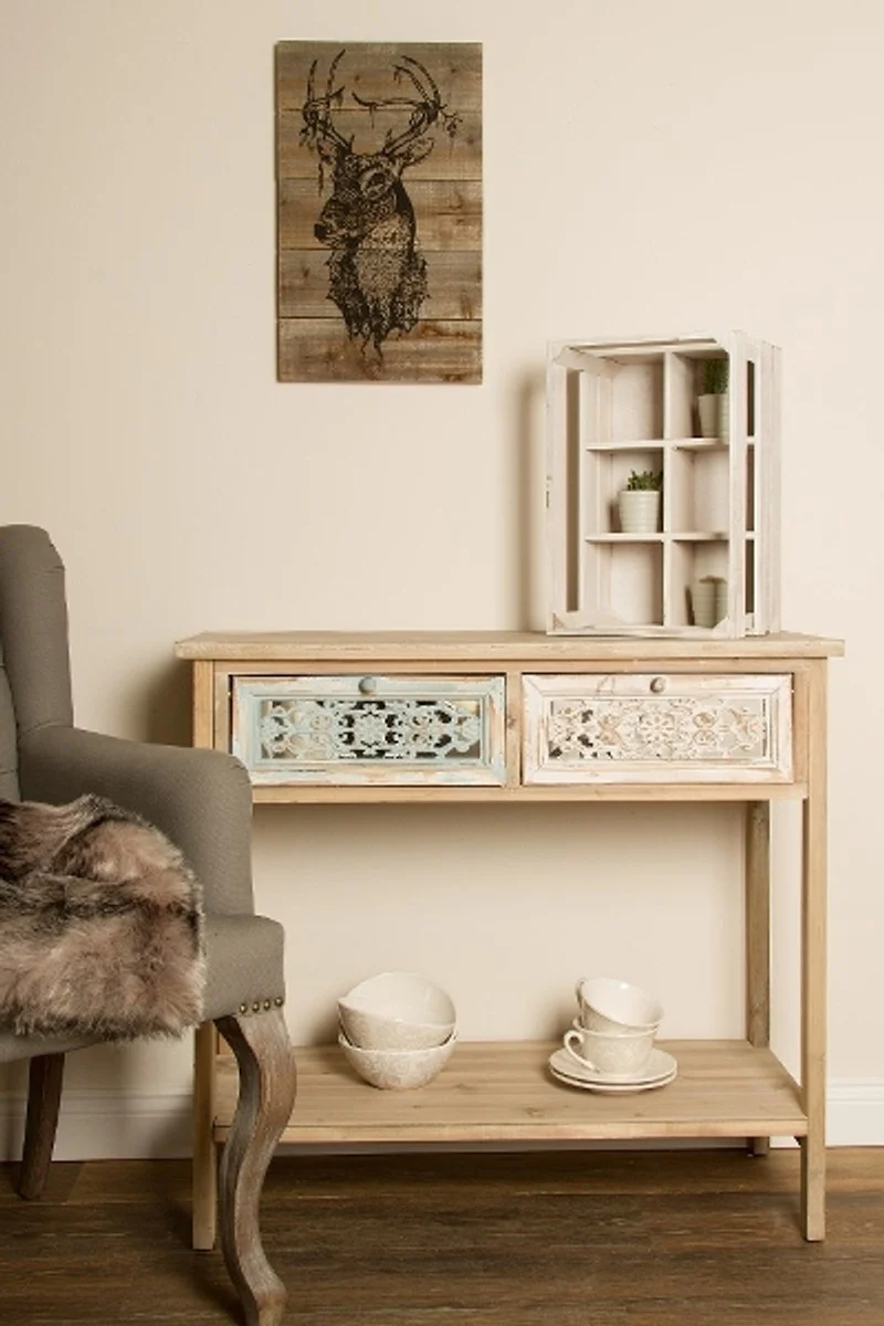 Casa Padrino Landhausstil Konsole Antik Weiß / Naturfarben 85 x 37 x H. 77 cm - Handgefertigter Shabby Chic Konsolentisch mit 2 Schubladen