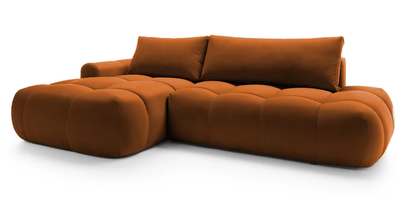 Ecksofa mit Schlaffunktion Ombo, L-förmig, mit Stauraum, kupferfarbener, hydrophober Samt, linksseitig
