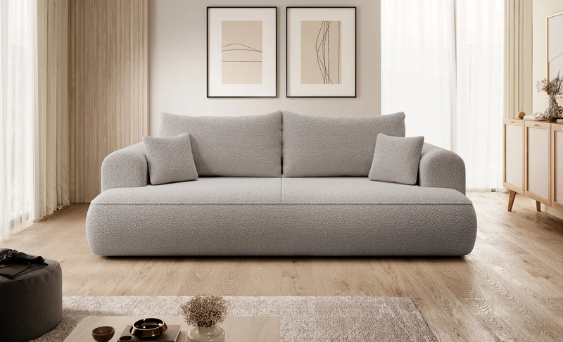 Dreisitziges ausklappbares Sofa Ovo mit Stauraum, dunkelbeiges Bouclé