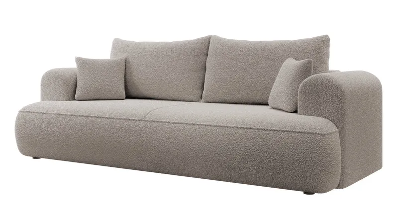 Dreisitziges ausklappbares Sofa Ovo mit Stauraum, dunkelbeiges Bouclé