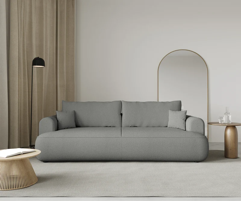 Dreisitziges ausklappbares Sofa Ovo mit Stauraum, grauer Chenille-Bezug