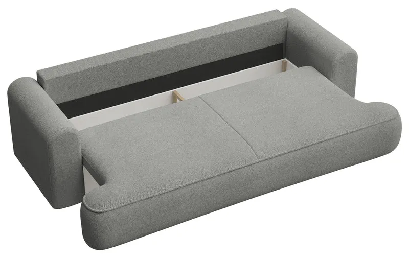 Dreisitziges ausklappbares Sofa Ovo mit Stauraum, grauer Chenille-Bezug