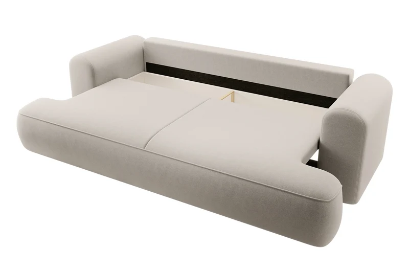 Dreisitziges ausziehbares Sofa Ovo mit Stauraum, cremefarbener Samt aus leicht zu reinigendem Stoff