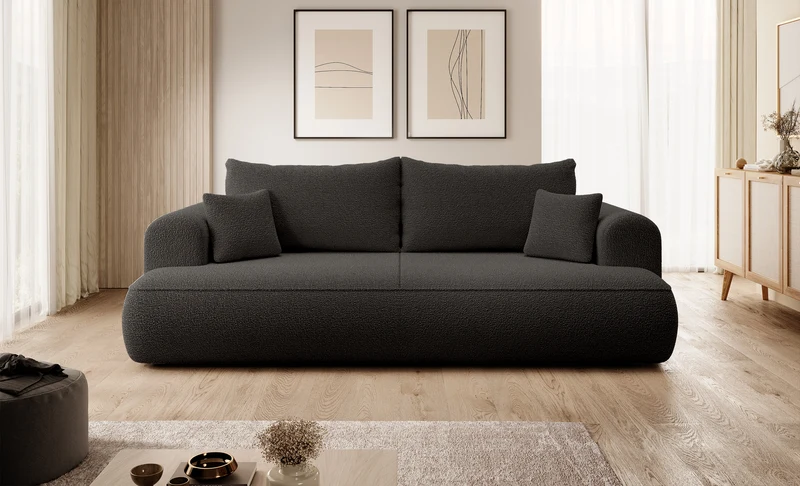 Dunkelgraues, dreisitziges Schlafsofa Ovo mit Stauraum aus Bouclé-Stoff