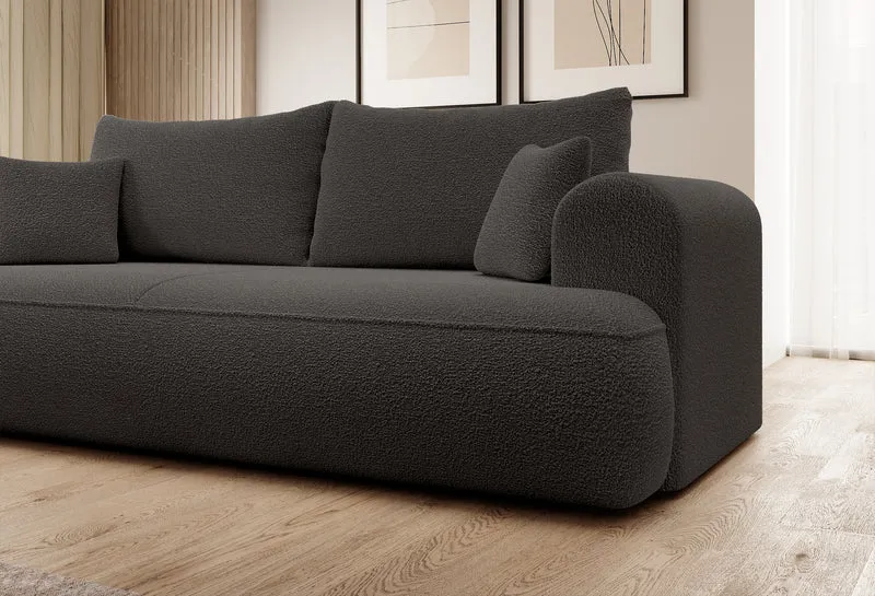 Dunkelgraues, dreisitziges Schlafsofa Ovo mit Stauraum aus Bouclé-Stoff
