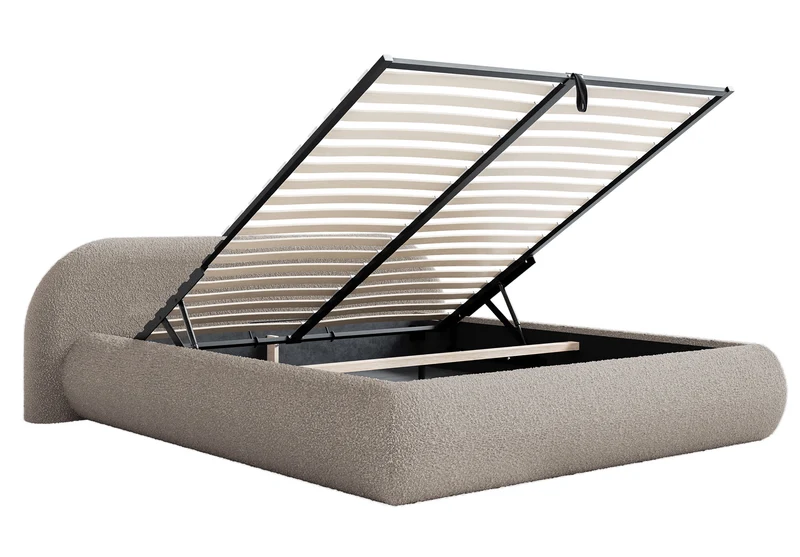 Polsterbett 180x200 cm Shels Low mit Stauraum, Metallrahmen, grau-beige Bouclé
