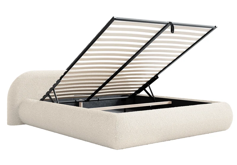 Polsterbett 160x200 cm Shels Low mit Stauraum, Metallrahmen, cremefarbenes Bouclé