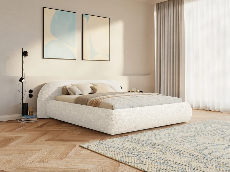 Polsterbett 180x200 cm Shels Low mit Stauraum, Metallrahmen, cremefarbenes Bouclé