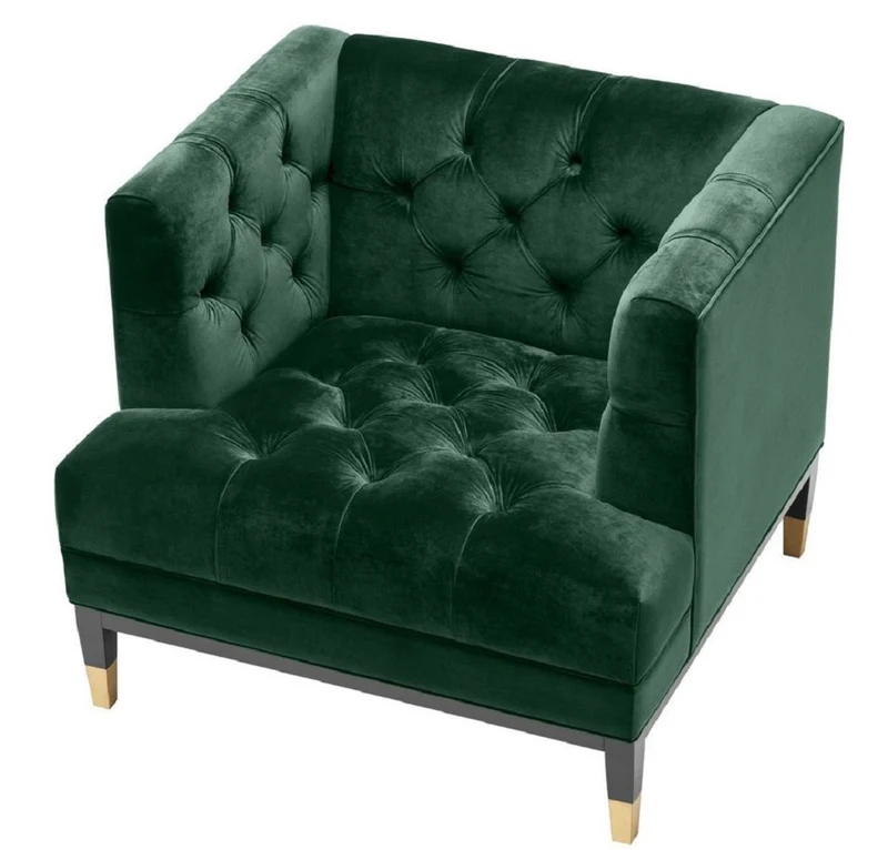 Casa Padrino Luxus Wohnzimmer Sessel Grün / Schwarz / Messingfarben 93 x 85 x H. 79 cm - Chesterfield Möbel