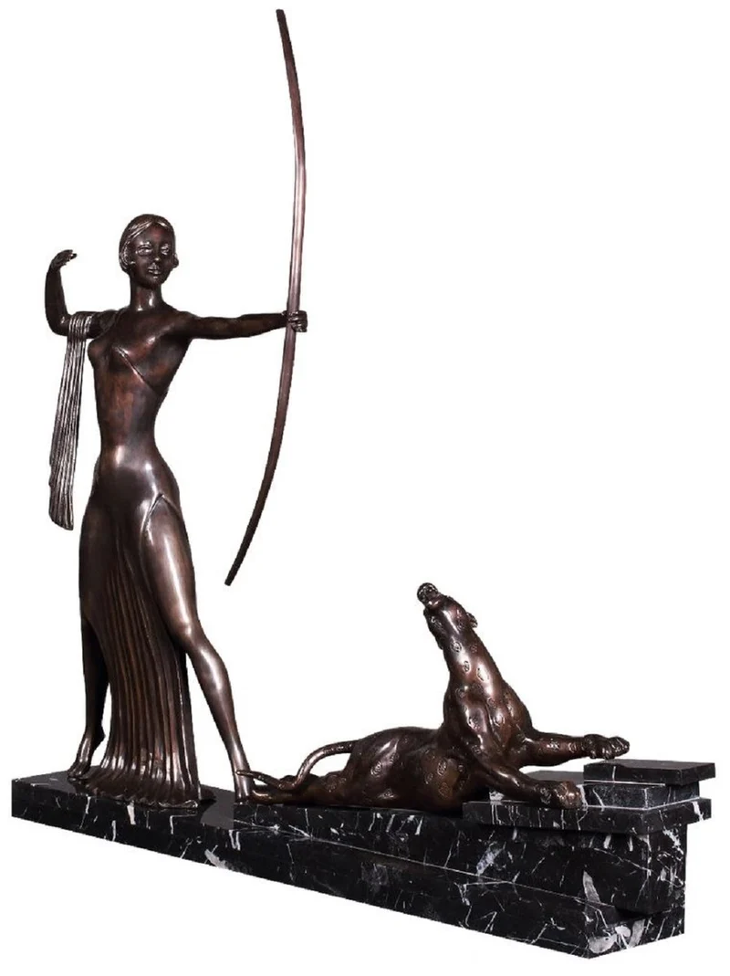 Casa Padrino Luxus Bronze Deko Skulptur Dame mit Bogen und Tiger Bronzefarben / Schwarz 85 x 13 x H. 82 cm - Luxus Deko Accessoires