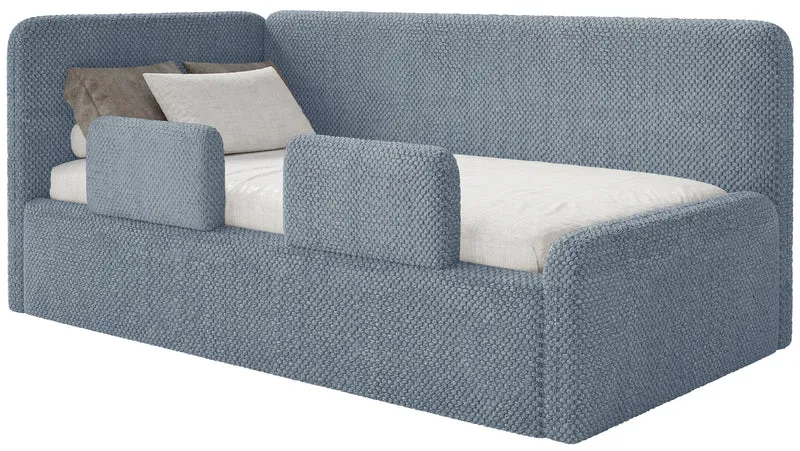 Jugendbett 120x200 cm Fanklo linksseitig mit Matratze, Stauraum und blauen, wasserabweisenden Plüsch-Gittern