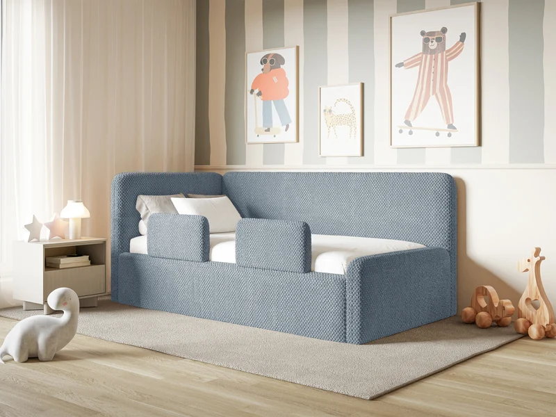 Jugendbett 120x200 cm Fanklo linksseitig mit Matratze, Stauraum und blauen, wasserabweisenden Plüsch-Gittern