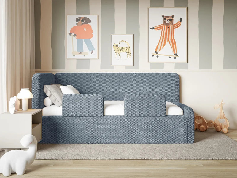Jugendbett 120x200 cm Fanklo linksseitig mit Matratze, Stauraum und blauen, wasserabweisenden Plüsch-Gittern
