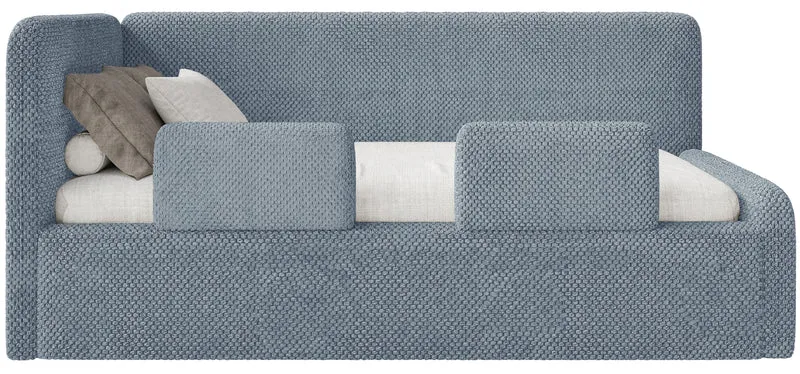 Jugendbett 120x200 cm Fanklo linksseitig mit Matratze, Stauraum und blauen, wasserabweisenden Plüsch-Gittern