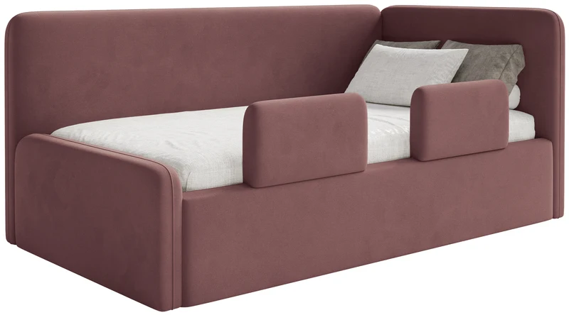 Jugendbett 120x200 cm Fanklo rechtsseitig mit Matratze, Stauraum und Geländern, rosa Velours, wasserabweisend und leicht zu reinigen