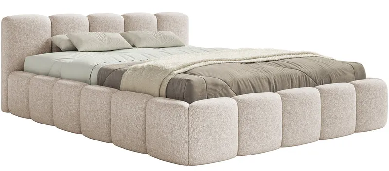 Polsterbett 160x200 cm Cloudy Low mit Stauraum, hellbeiger hydrophober Chenille-Stoff, Metallrahmen