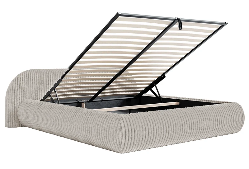 Polsterbett 140x200 cm Shels Low mit Stauraum, Metallrahmen, dickes graubeiges Cordstoff