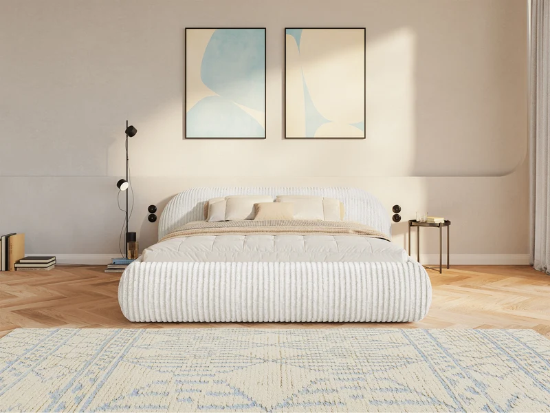 Polsterbett 180x200 cm Shels Low mit Stauraum, Metallrahmen, hellgrauer dicker Cordstoff