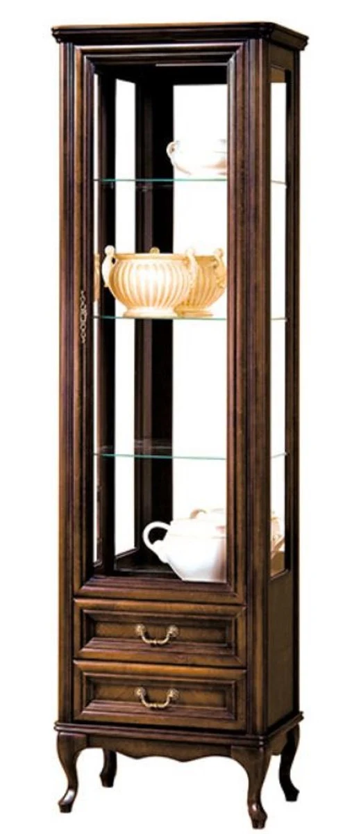 Casa Padrino Luxus Jugendstil Vitrinenschrank Dunkelbraun 64,3 x 42,5 x H. 206 cm - Wohnzimmerschrank mit Glastür und 2 Schubladen - Wohnzimmermöbel