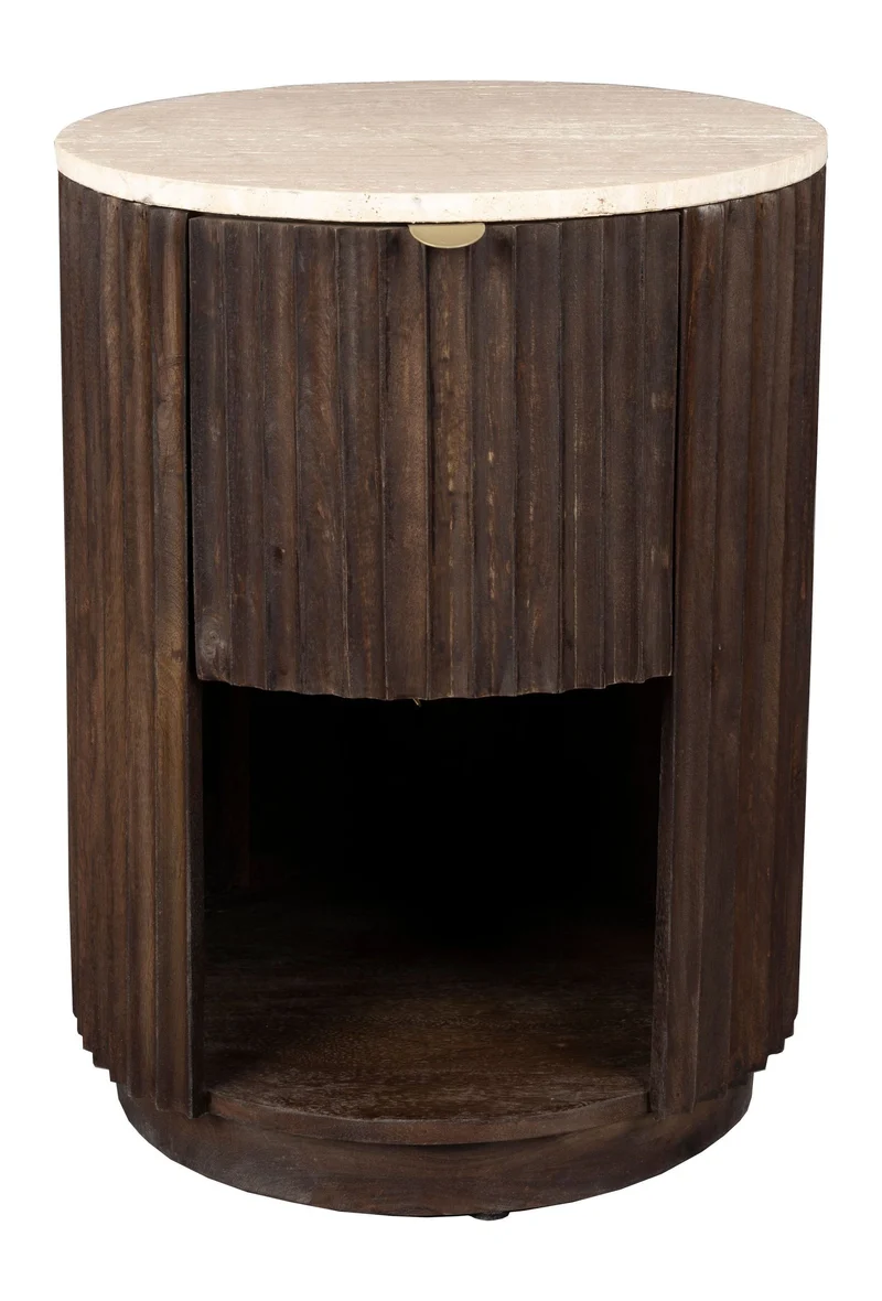 Beistelltisch Marlow mit Schublade, Travertin & Mangoholz im Boho-Stil