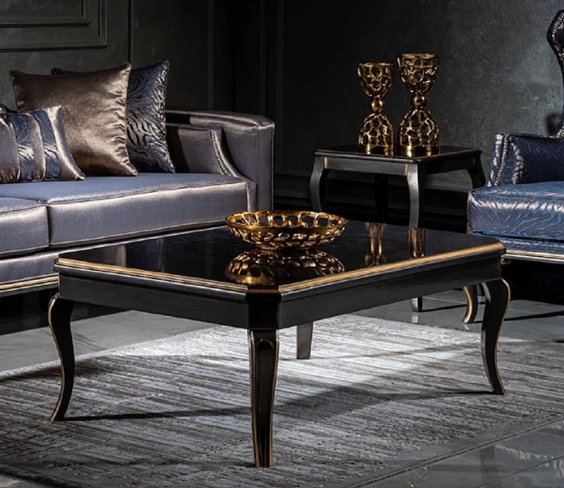 Casa Padrino Luxus Barock Wohnzimmer Set Blau / Schwarz / Gold - 2 Sofas & 2 Sessel & 1 Couchtisch - Wohnzimmer Möbel im Barockstil - Edel & Prunkvoll