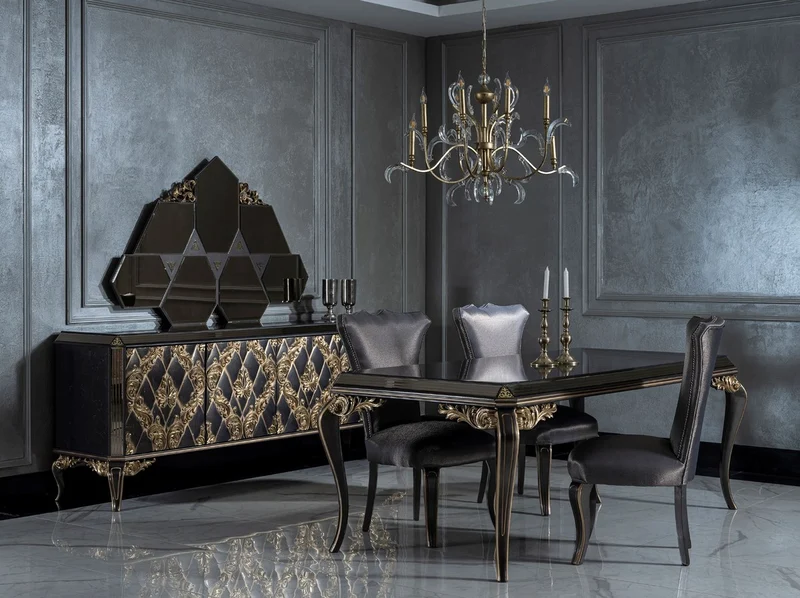 Casa Padrino Luxus Barock Esszimmer Set Blau / Schwarz / Gold - 1 Esstisch mit Glasplatte & 6 Esszimmerstühle - Edle Esszimmer Möbel im Barockstil