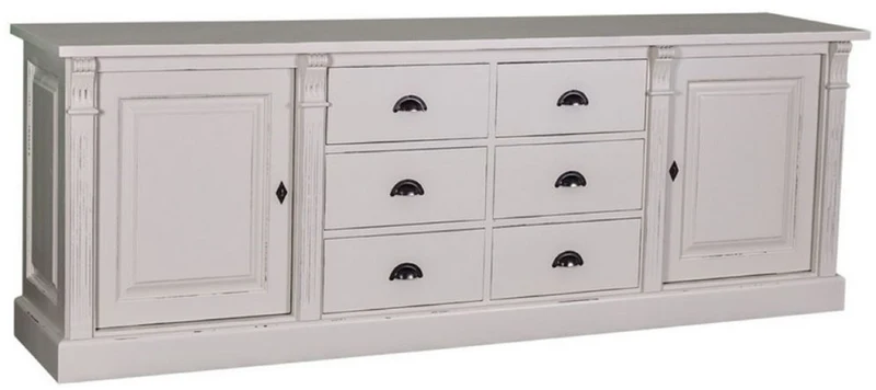 Casa Padrino Landhausstil Sideboard Antik Grau / Cremefarben 219 x 51 x H. 78 cm - Massivholz Schrank mit 2 Türen und 6 Schubladen - Landhausstil Massivholz Möbel