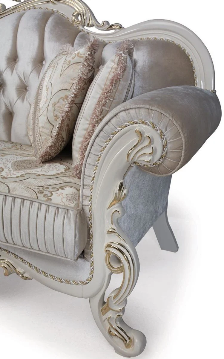 Casa Padrino Luxus Barock Sofa Mehrfarbig / Weiß / Gold 227 x 90 x H. 118 cm - Wohnzimmer Sofa mit dekorativen Kissen - Wohnzimmermöbel im Barockstil