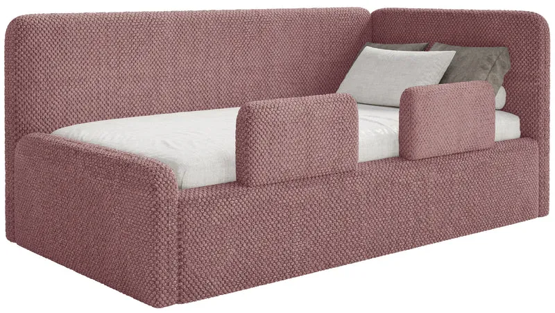Jugendbett 120x200 cm Fanklo rechtsseitig mit Stauraum und Geländern, rosa Plüsch, wasserabweisend