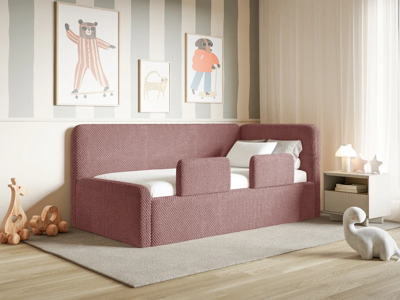 Jugendbett 120x200 cm Fanklo rechtsseitig mit Stauraum und Geländern, rosa Plüsch, wasserabweisend