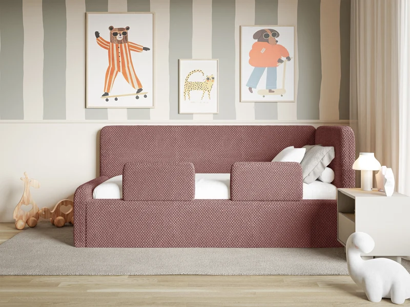 Jugendbett 120x200 cm Fanklo rechtsseitig mit Stauraum und Geländern, rosa Plüsch, wasserabweisend