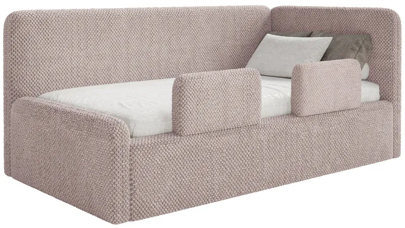 Jugendbett 120x200 cm Fanklo rechtsseitig mit Matratze, Stauraum und Geländern, puderrosa Plüsch, wasserabweisend