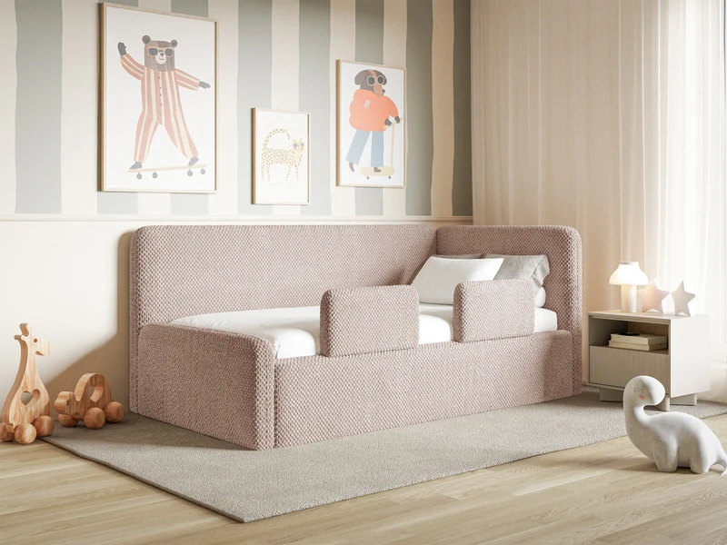 Jugendbett 120x200 cm Fanklo rechtsseitig mit Matratze, Stauraum und Geländern, puderrosa Plüsch, wasserabweisend