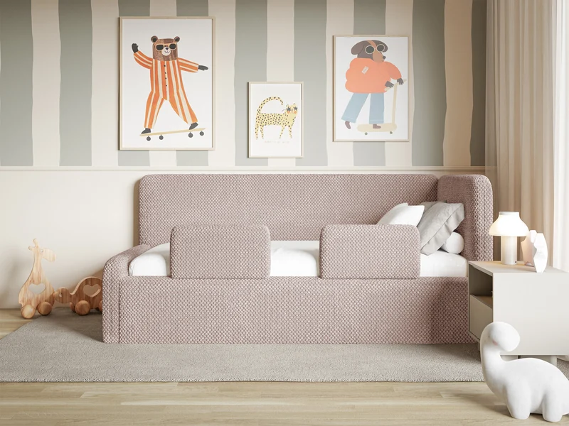 Jugendbett 120x200 cm Fanklo rechtsseitig mit Matratze, Stauraum und Geländern, puderrosa Plüsch, wasserabweisend