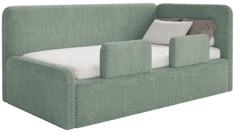 Jugendbett 120x200 cm Fanklo rechtsseitig mit Stauraum und Geländern, salbeigrüner Plüsch, wasserabweisend