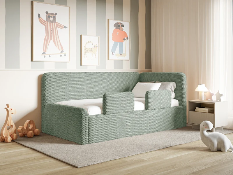 Jugendbett 120x200 cm Fanklo rechtsseitig mit Stauraum und Geländern, salbeigrüner Plüsch, wasserabweisend